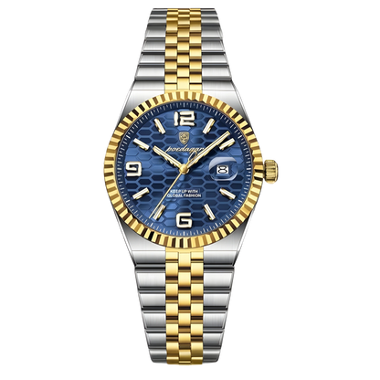 Two-tone silver and gold watch with a blue dial on a white background