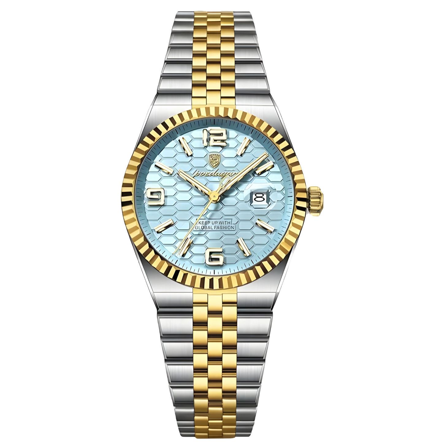 Two-tone silver and gold watch with a blue face on a white background