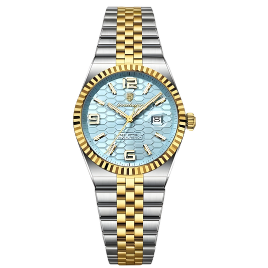 Two-tone silver and gold watch with a blue face on a white background