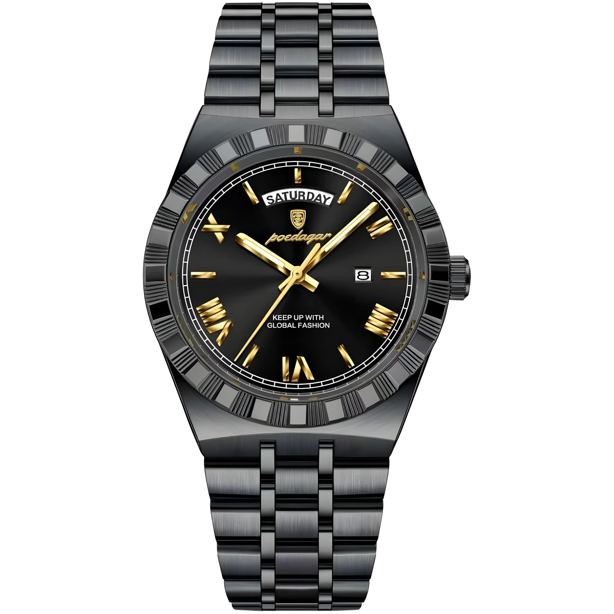 Black watch with gold accents on a white background