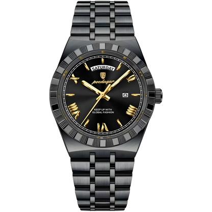 Black watch with gold accents on a white background