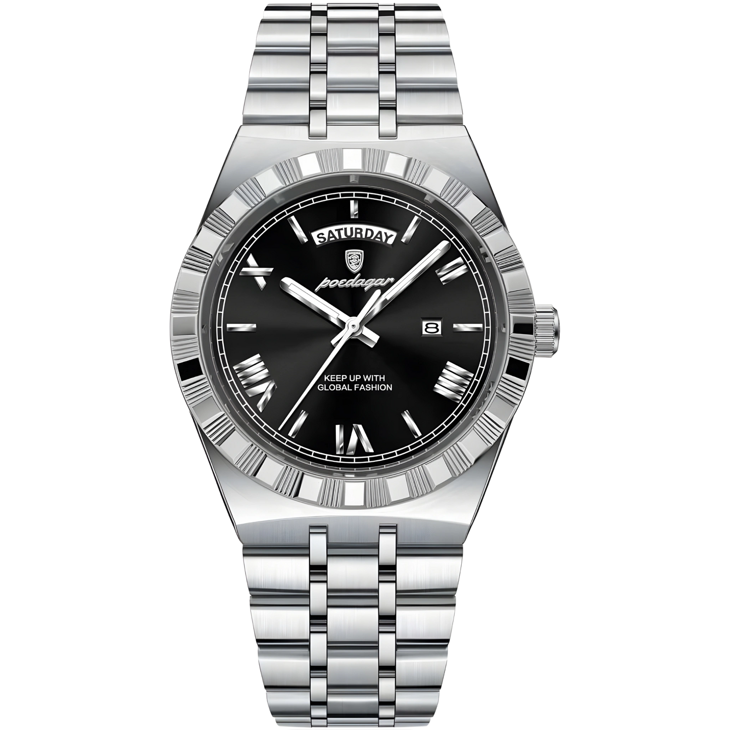 Silver watch with black dial on a white background