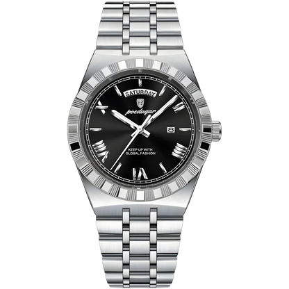 Silver watch with black dial on a white background
