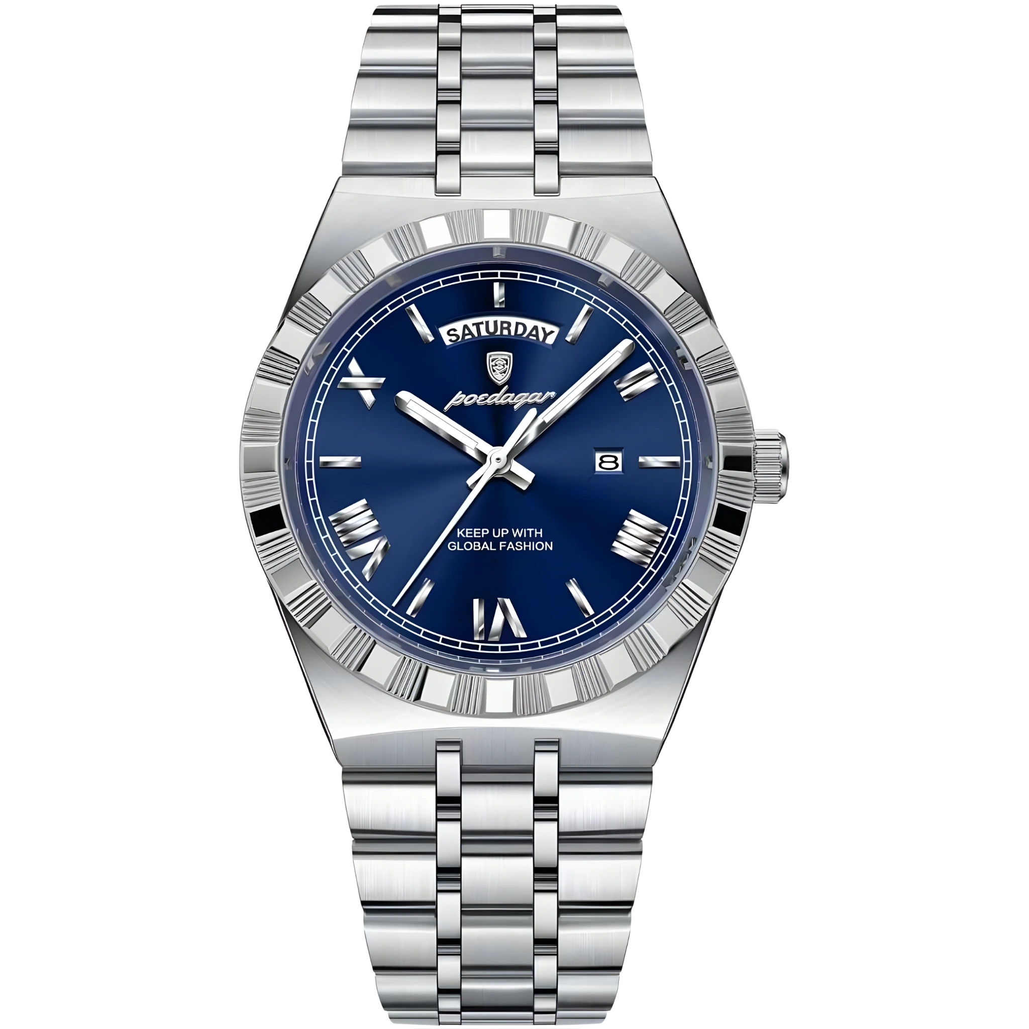 Silver watch with blue dial on a white background