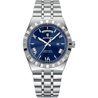 Silver watch with blue dial on a white background