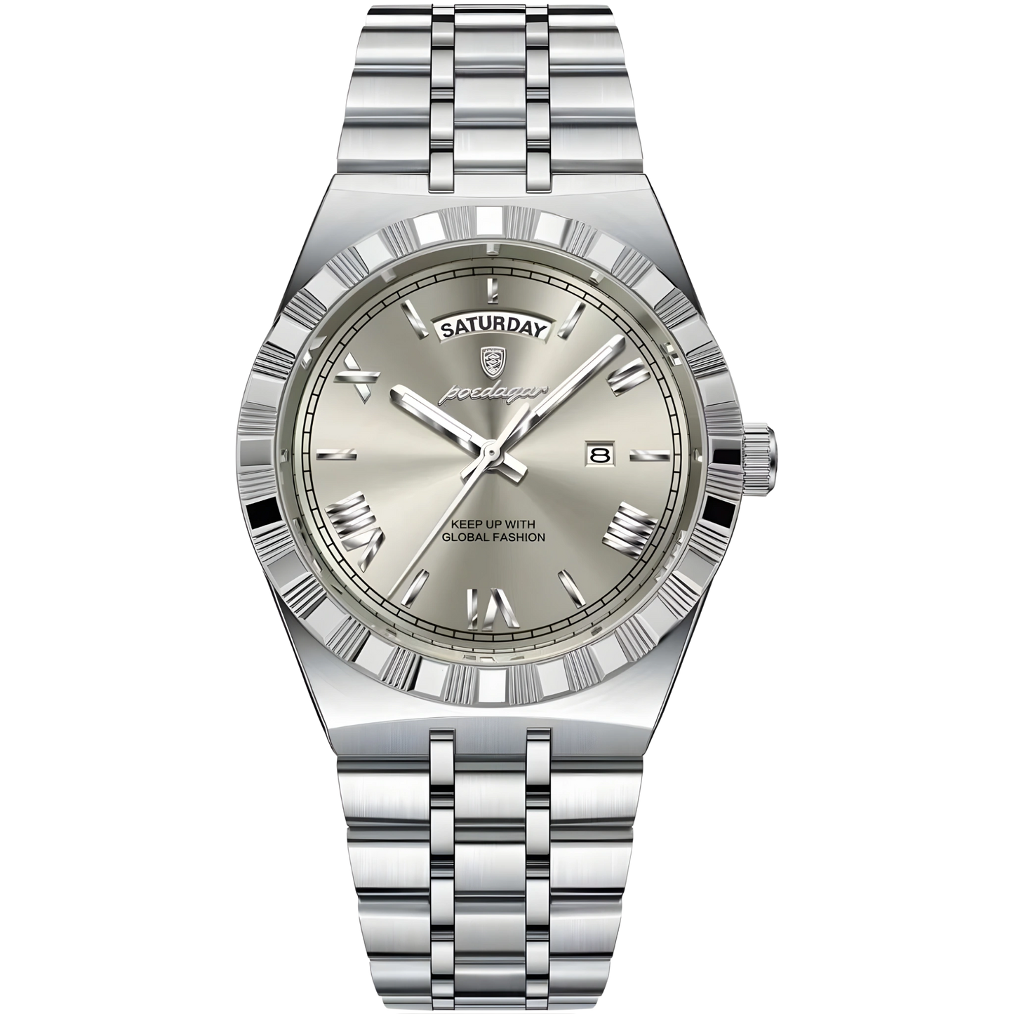 Silver wristwatch with a detailed face on a white background