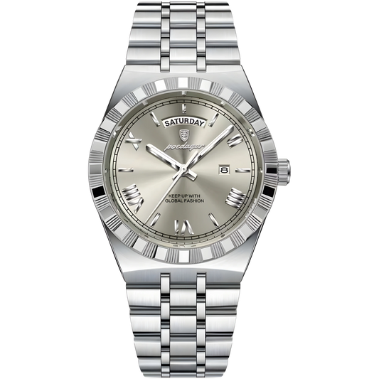 Silver wristwatch with a detailed face on a white background