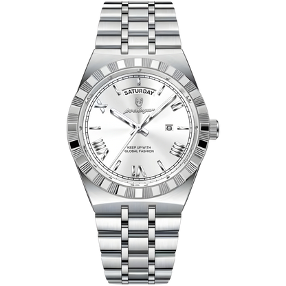 Silver watch with a white face on a white background