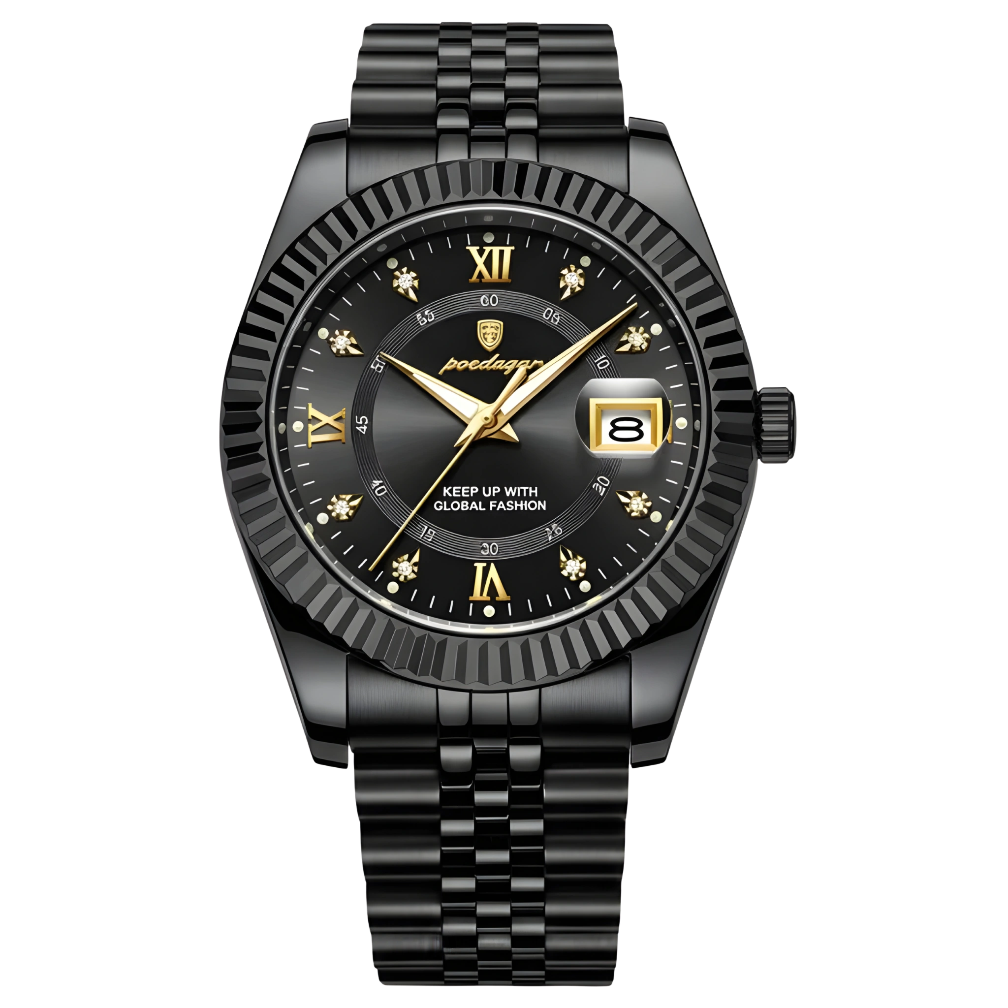 Black wristwatch with gold accents on a white background