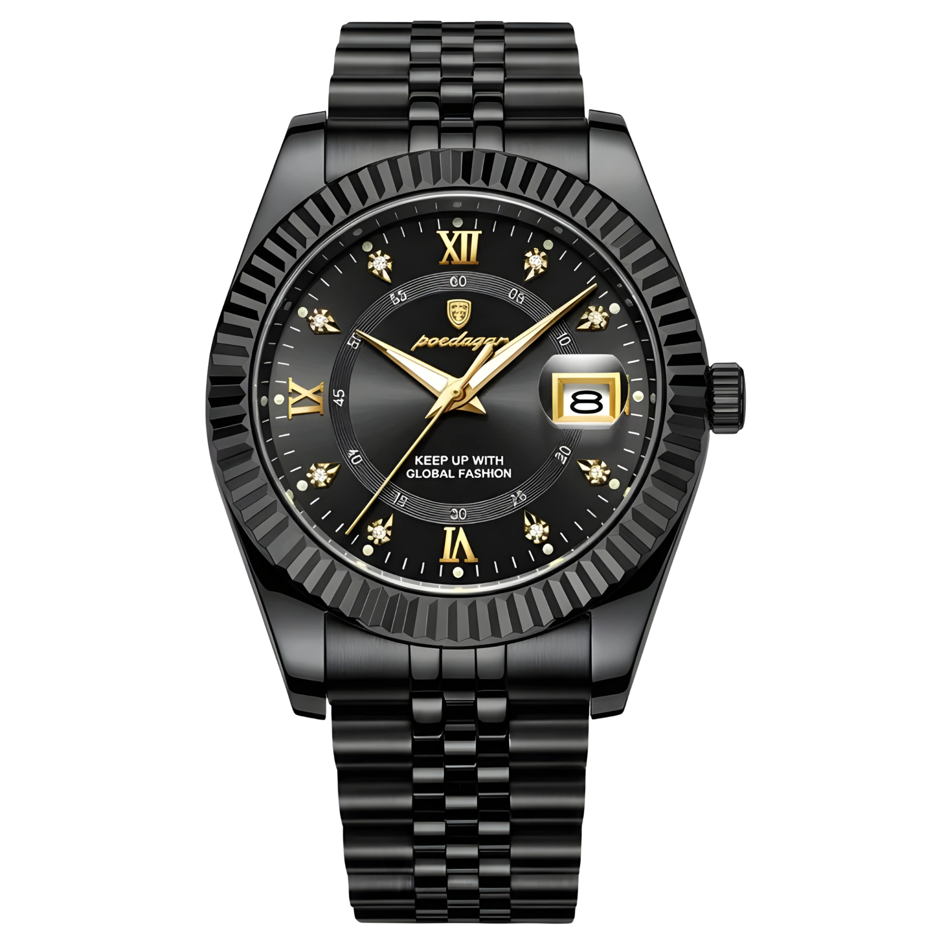 Black wristwatch with gold accents on a white background