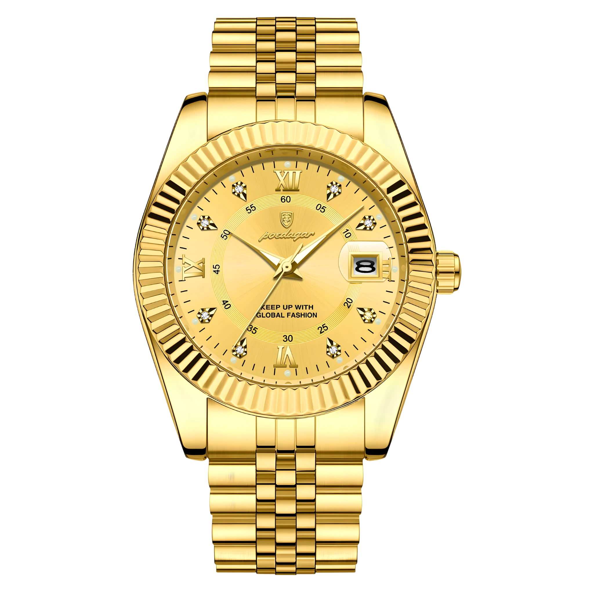 Gold wristwatch with a detailed face on a white background