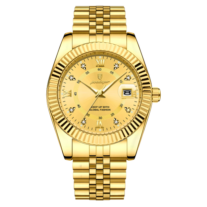 Gold wristwatch with a detailed face on a white background