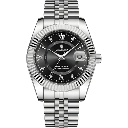 Silver watch with black dial on a white background