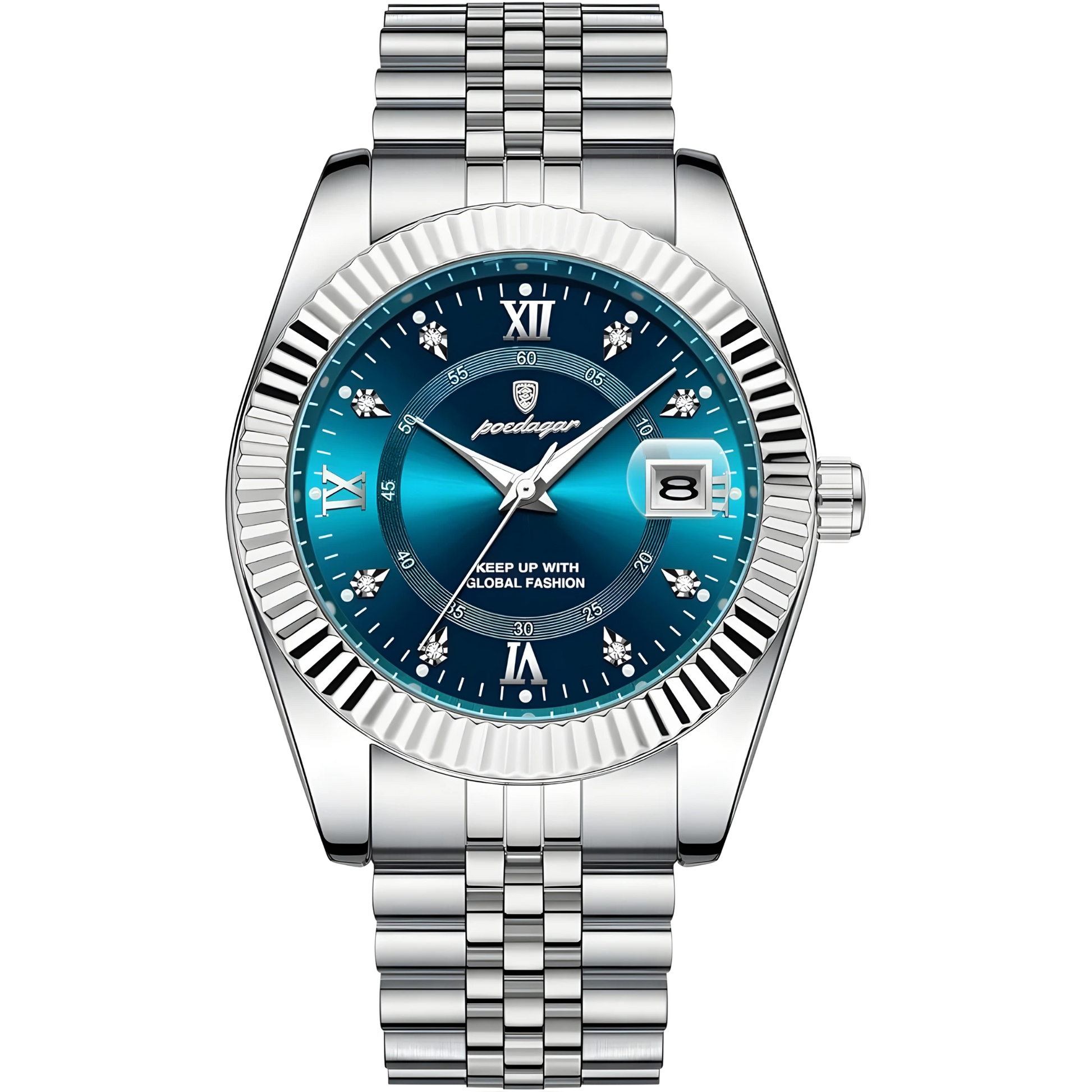 Silver watch with a blue face on a white background