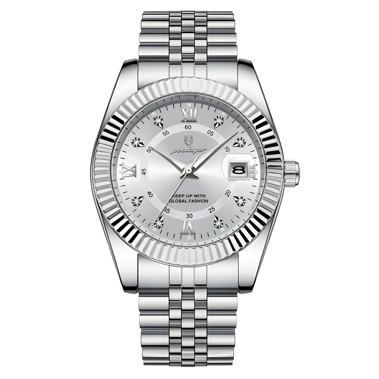 Silver watch with a detailed face on a white background