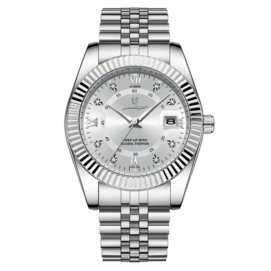 Silver watch with a detailed face on a white background