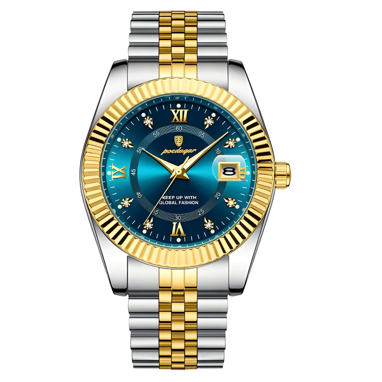 Luxury watch with blue face, gold and silver band on white background
