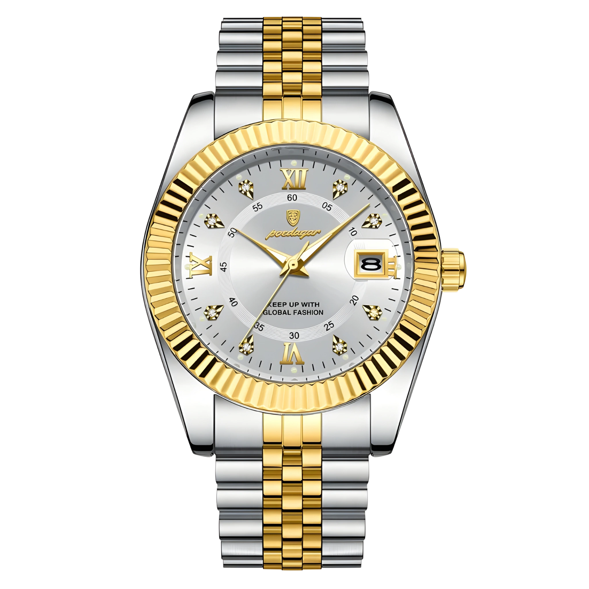 Two-tone silver and gold watch with a white dial on a white background