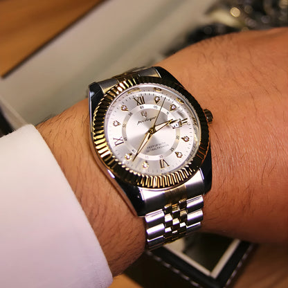 Luxury watch with silver and gold accents on a wrist.