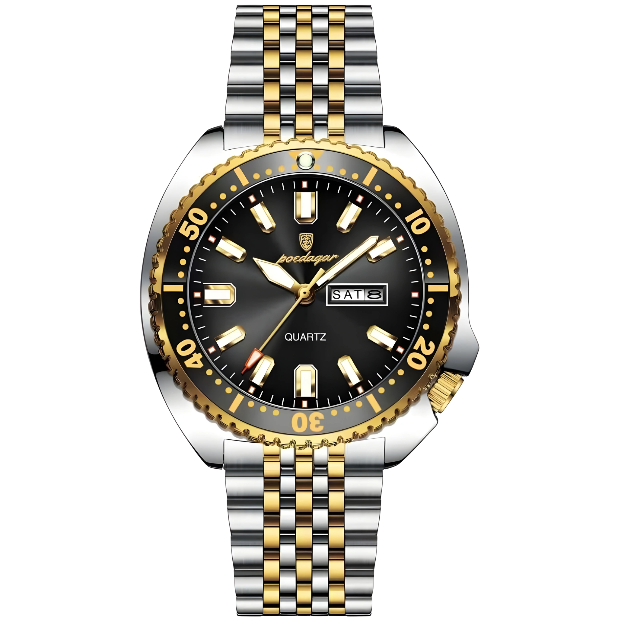 Wristwatch with black dial, gold and silver metal band on white background