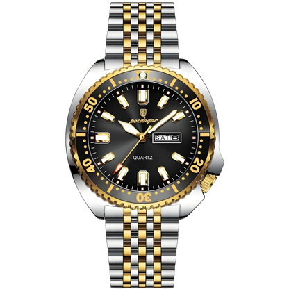 Wristwatch with black dial, gold and silver metal band on white background