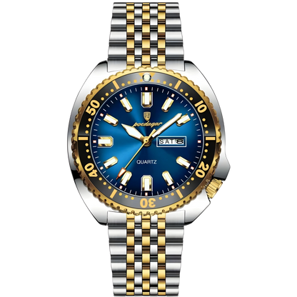 Wristwatch with blue dial and two-tone metal strap on a white background