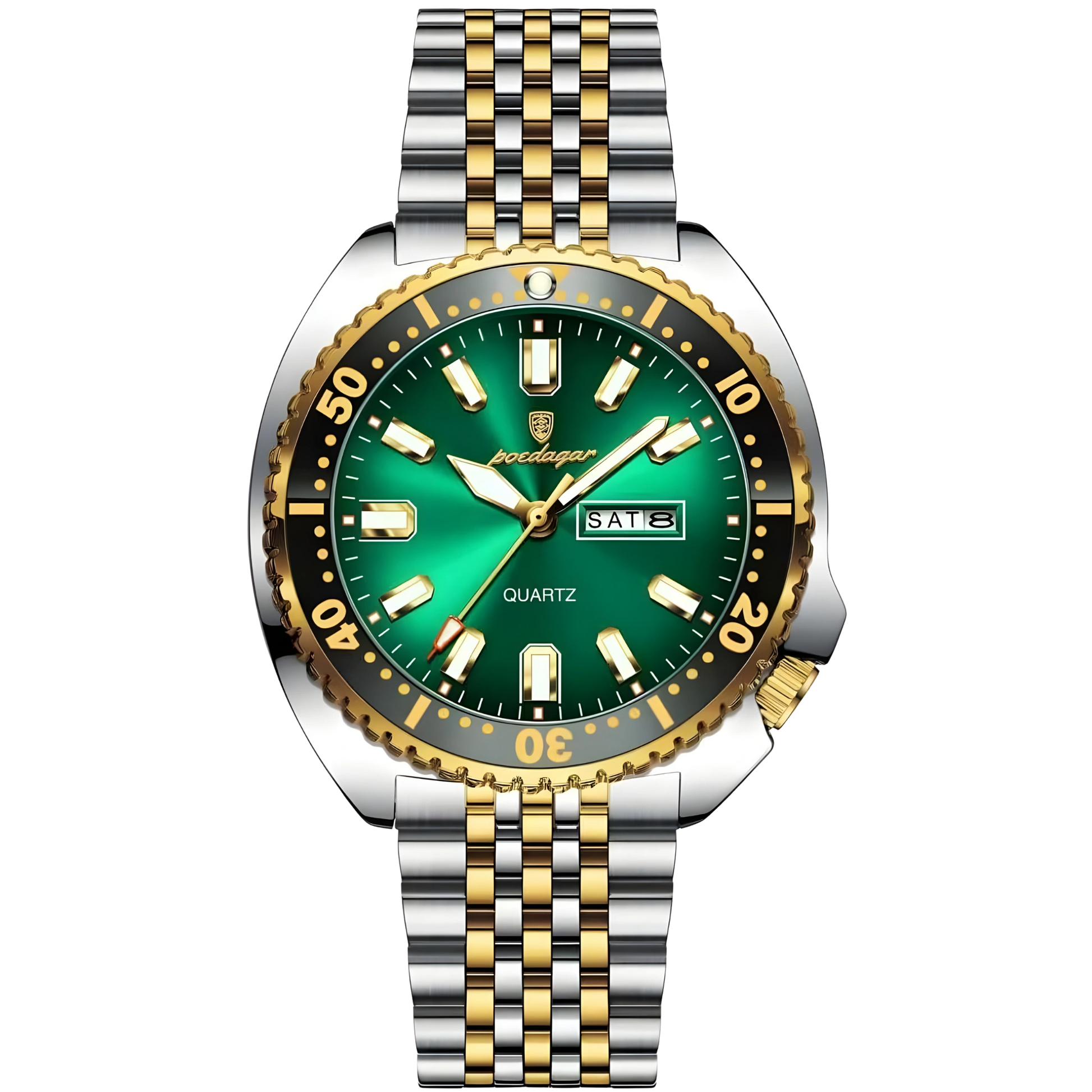 Watch with green dial and two-tone metal bracelet on a white background