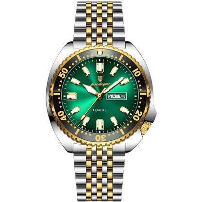 Watch with green dial and two-tone metal bracelet on a white background