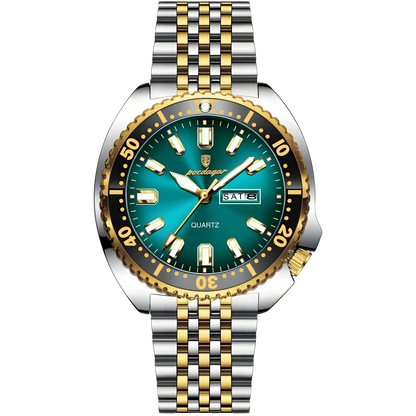 Wristwatch with green dial and two-tone metal strap on a white background