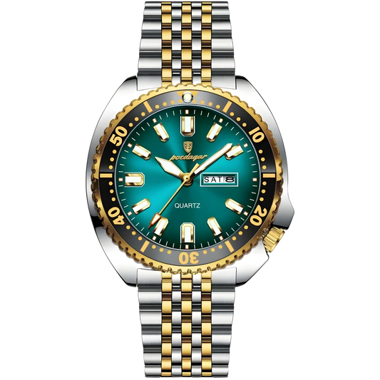 Wristwatch with green dial and two-tone metal strap on a white background