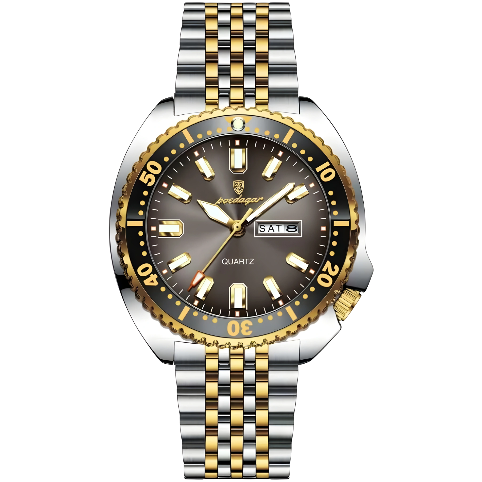 Wristwatch with a two-tone metal strap on a white background