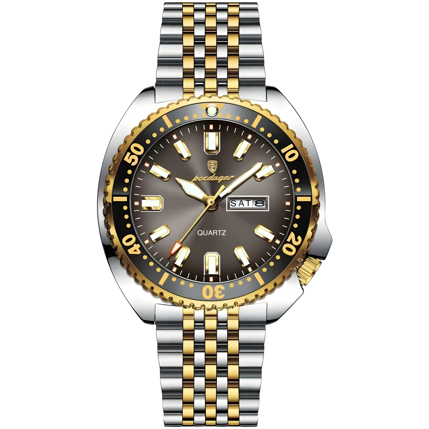 Wristwatch with a two-tone metal strap on a white background