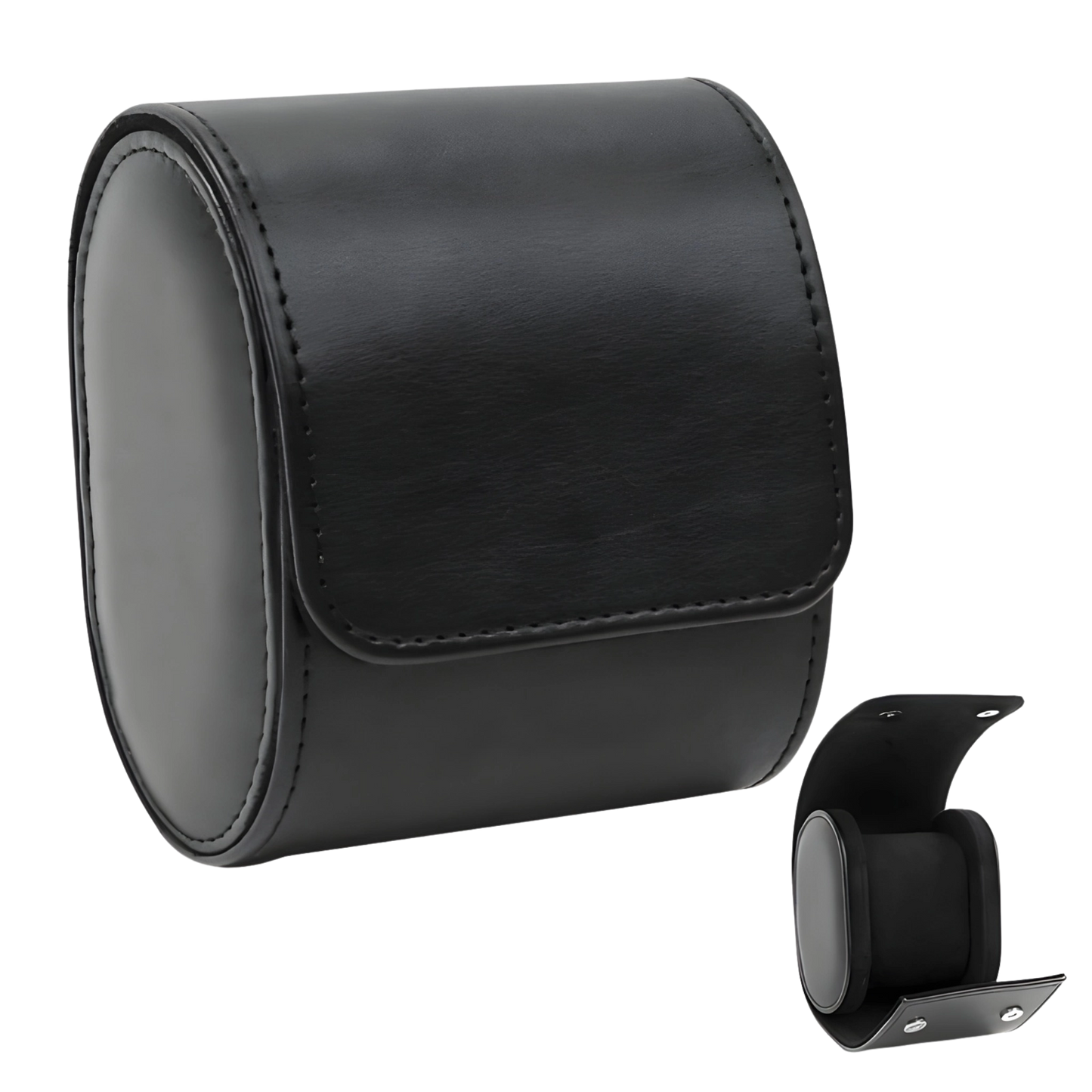 Black leather watch case with a detachable watch band on a white background