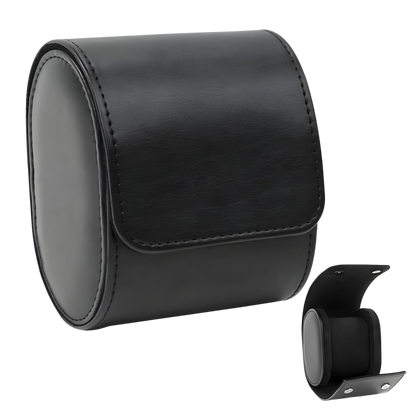 Black leather watch case with a detachable watch band on a white background