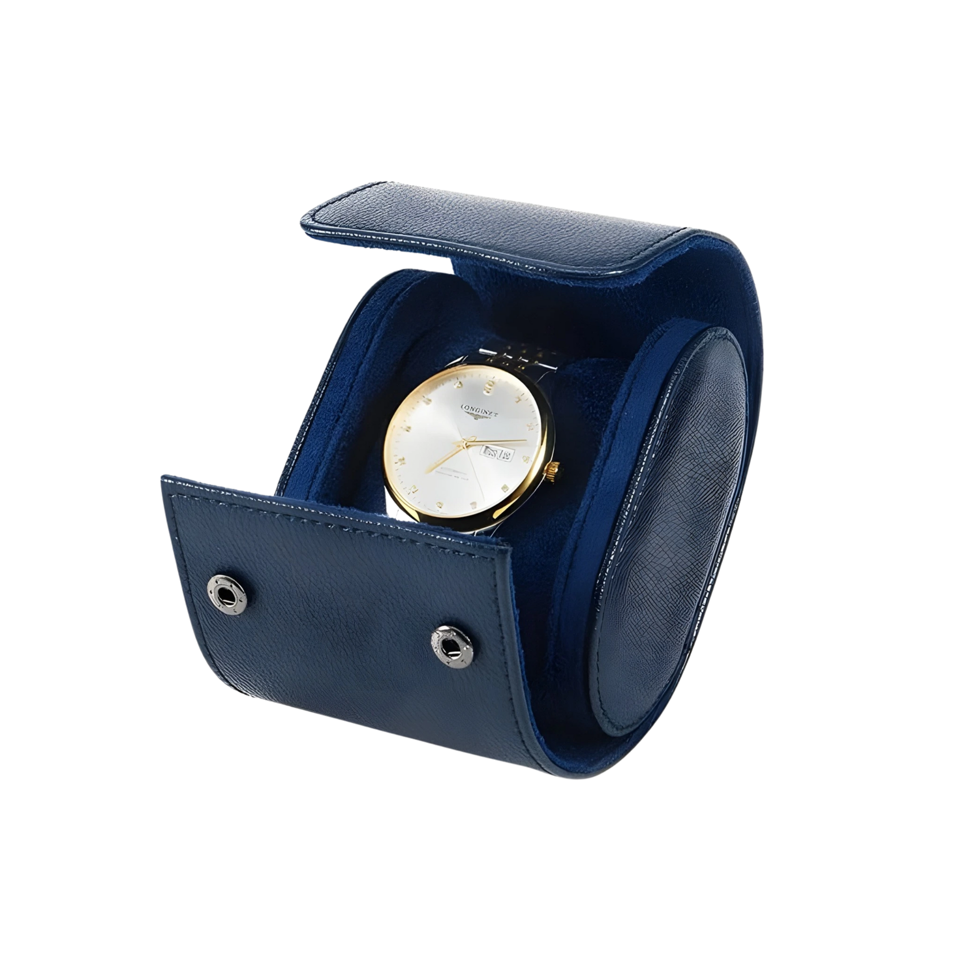 Blue watch case with a gold and white watch on a white background