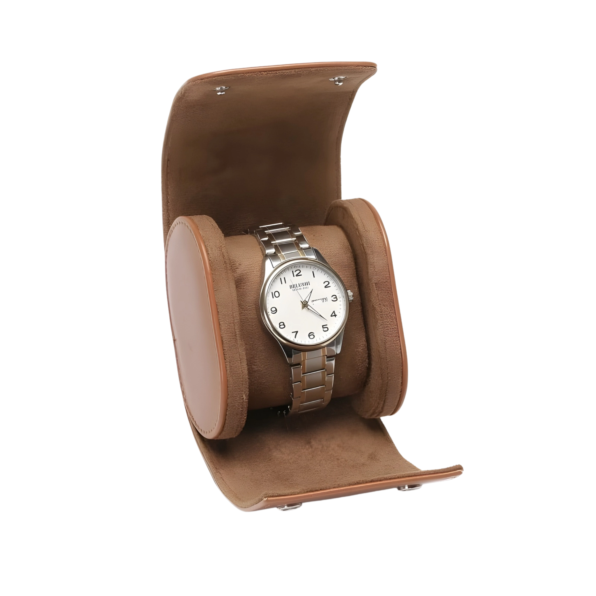 Watch in a brown display case on a white background