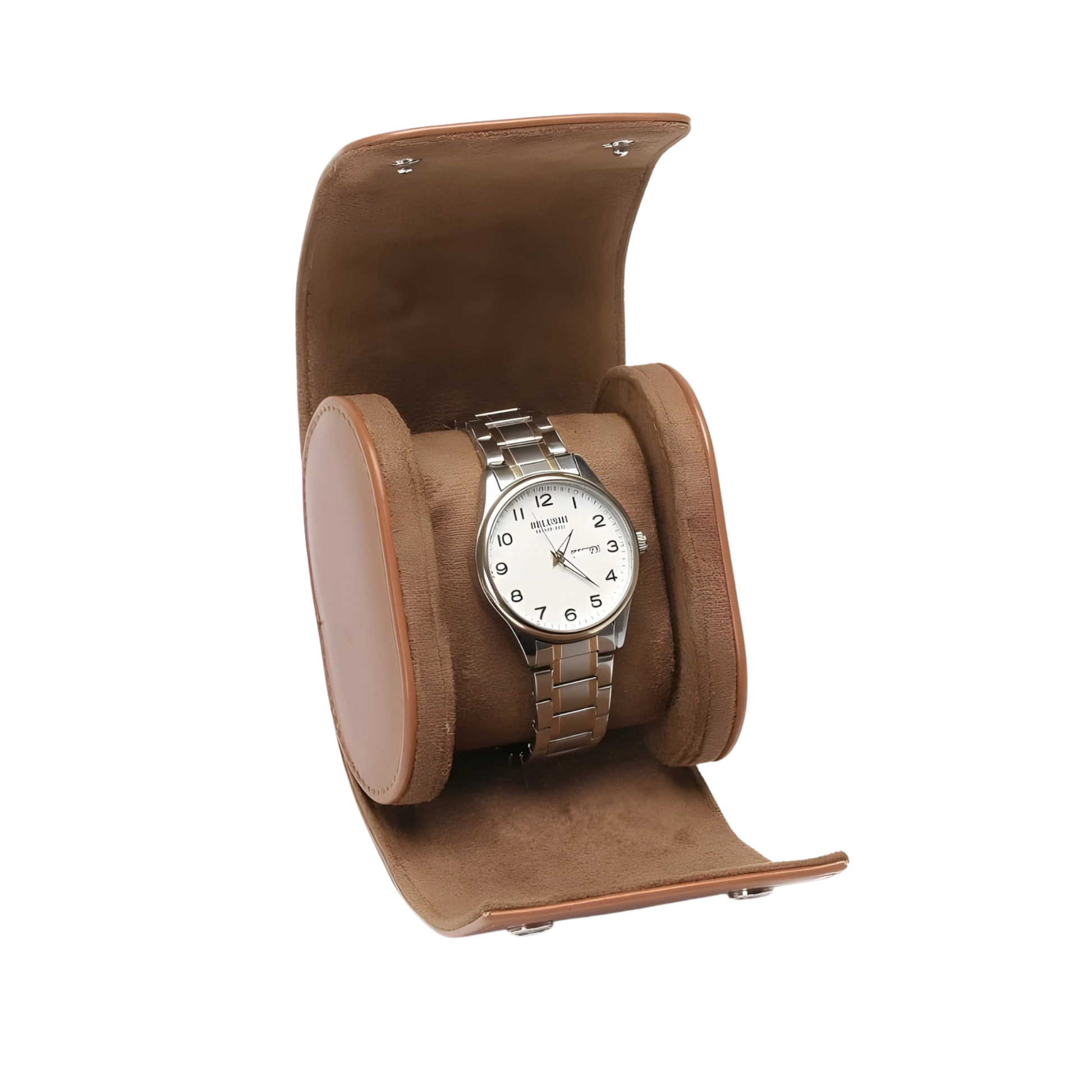 Watch in a brown display case on a white background