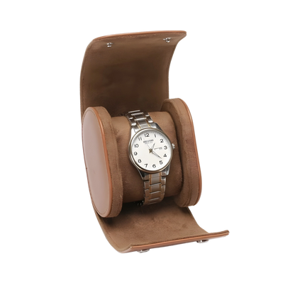 Watch in a brown display case on a white background