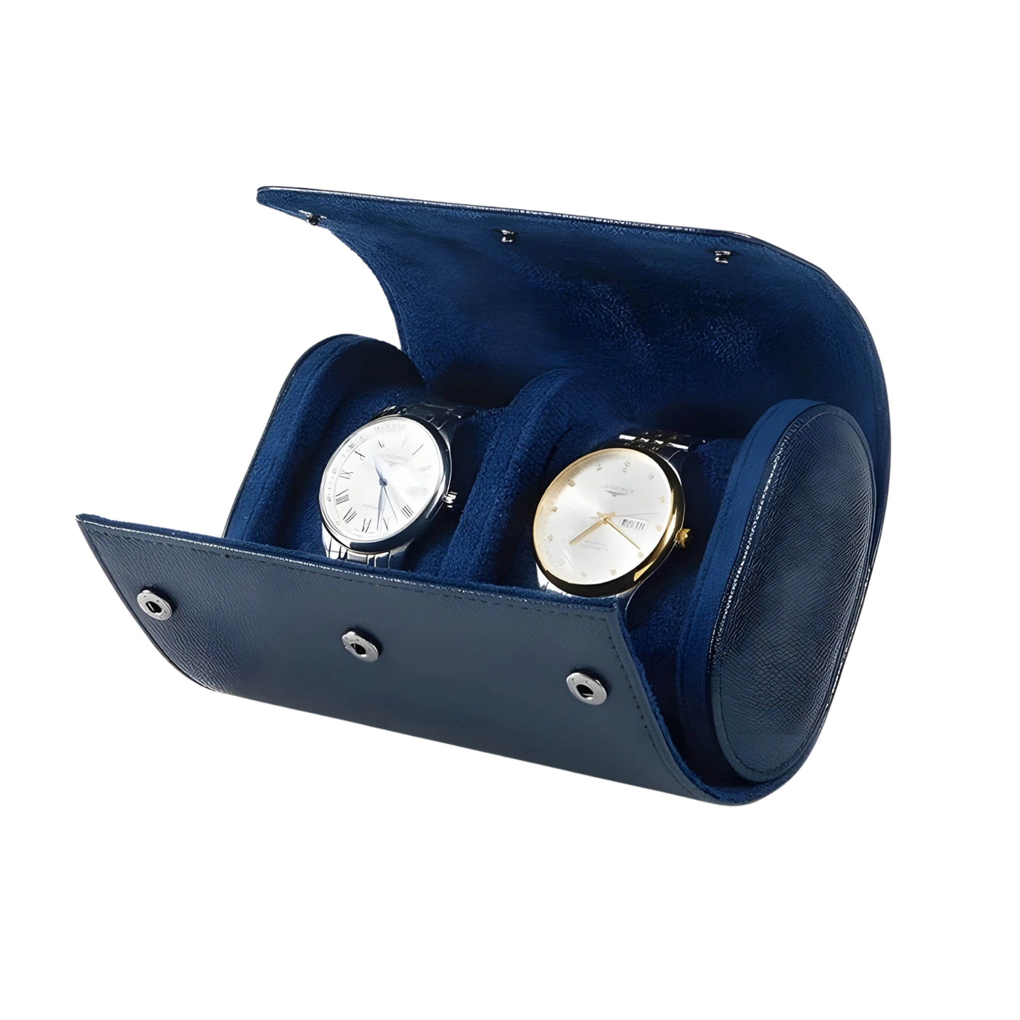 Blue watch winder with two watches inside on a white background