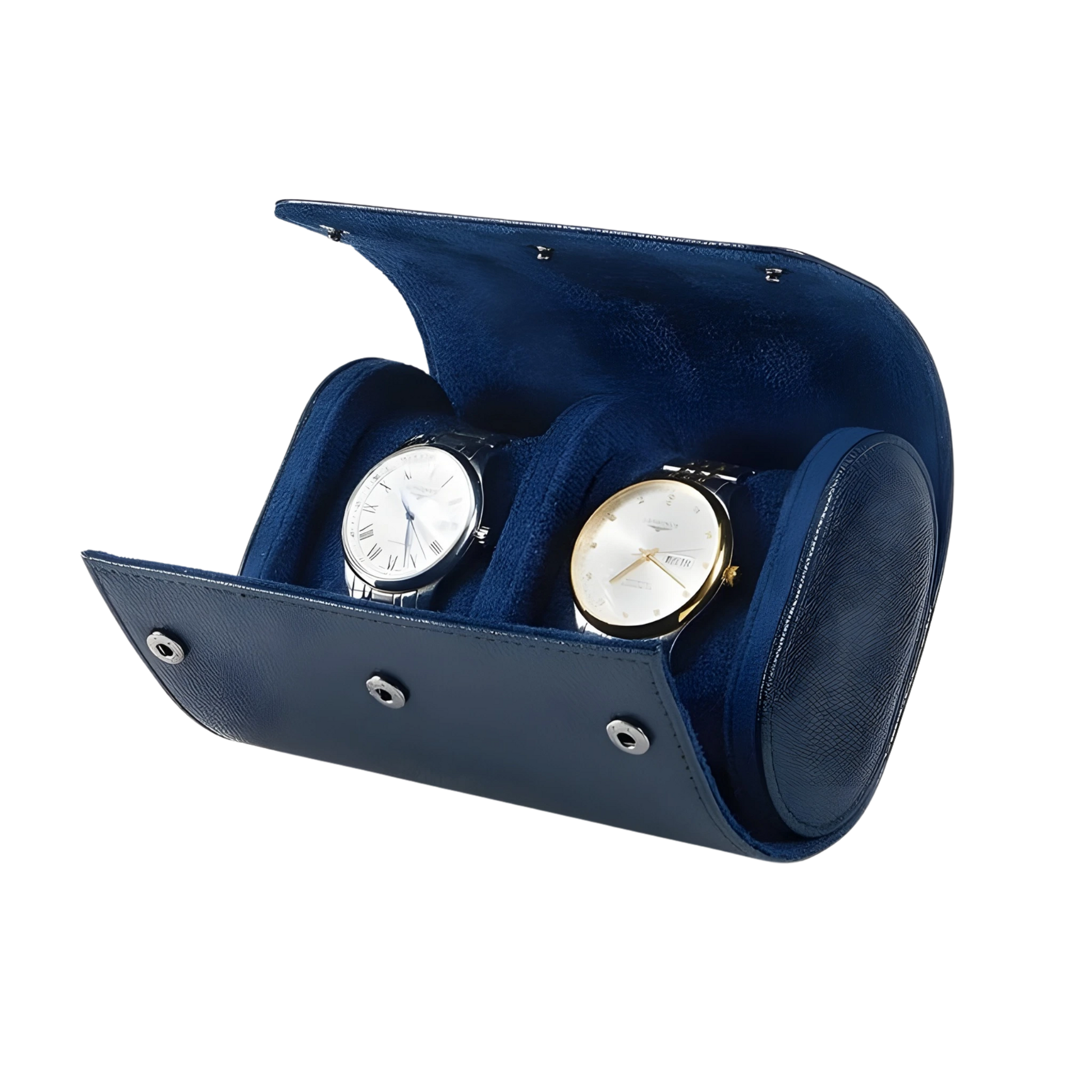 Blue watch winder with two watches inside on a white background