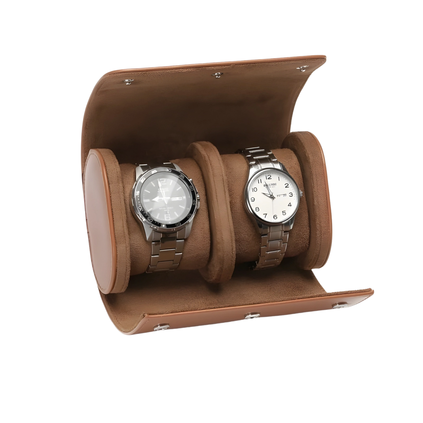 Brown watch holder with two watches on a white background
