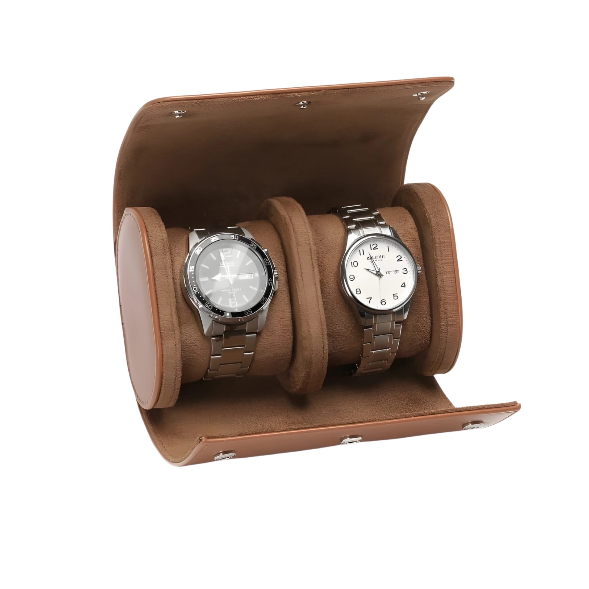 Brown watch holder with two watches on a white background
