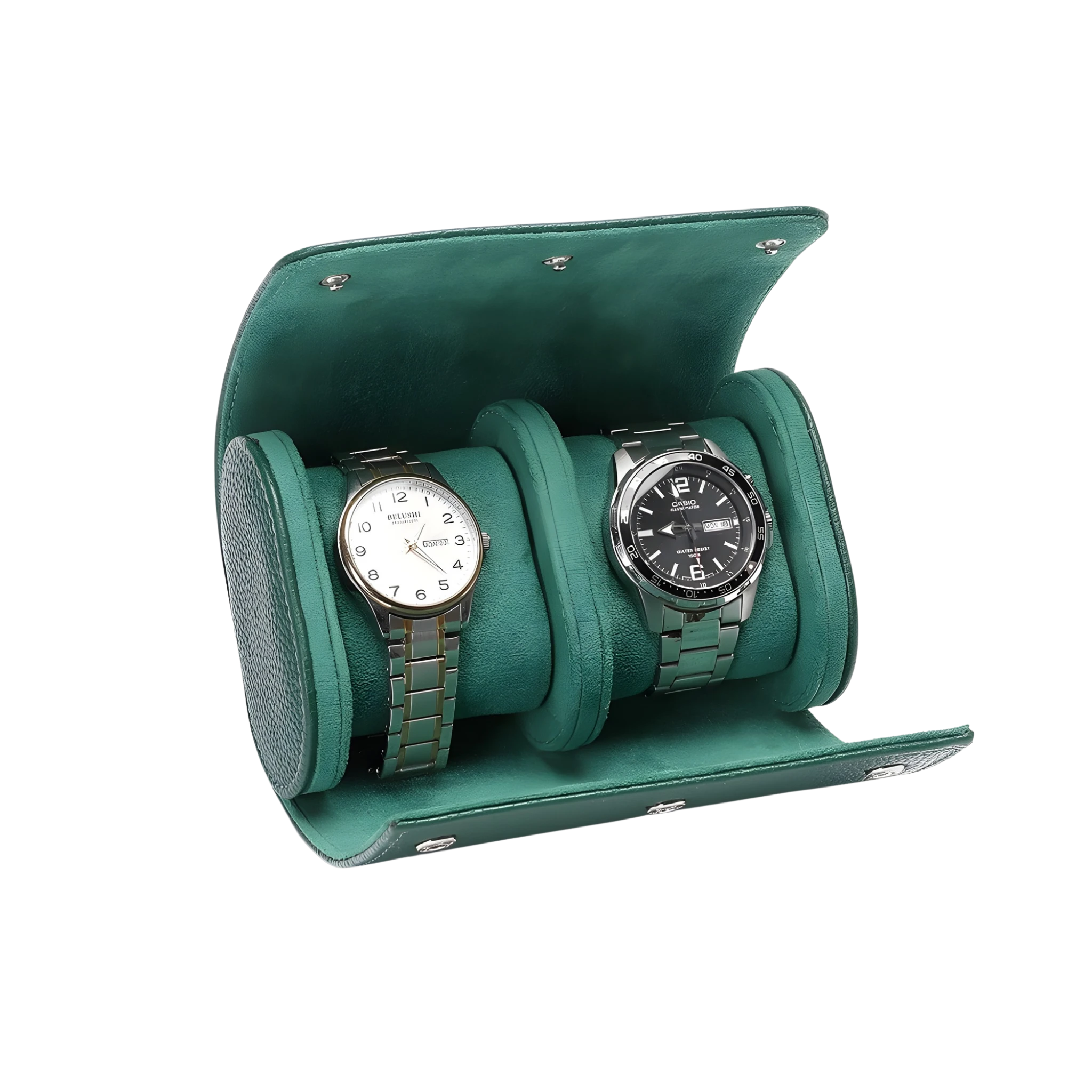 Green watch winder with two watches inside on a white background