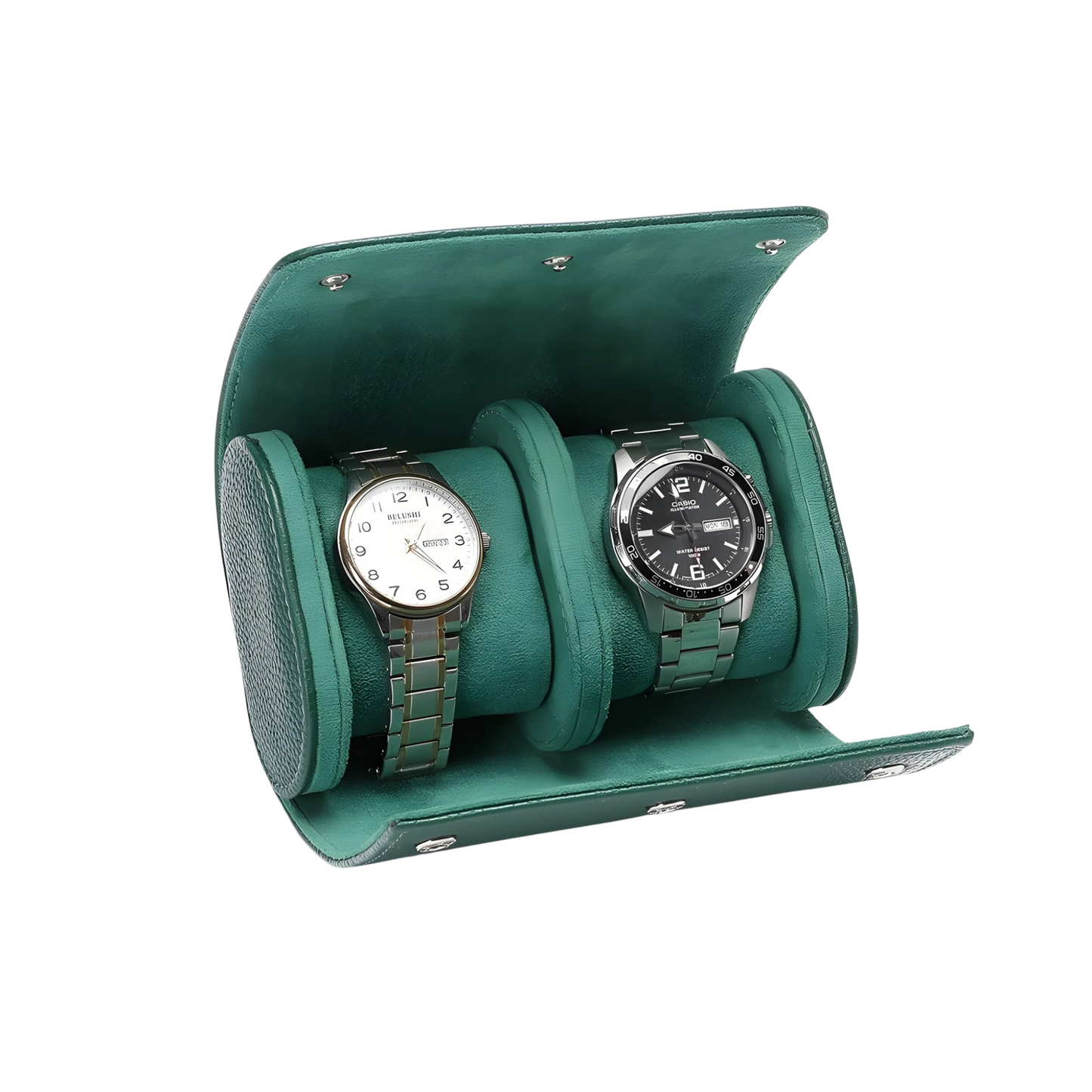Green watch winder with two watches inside on a white background