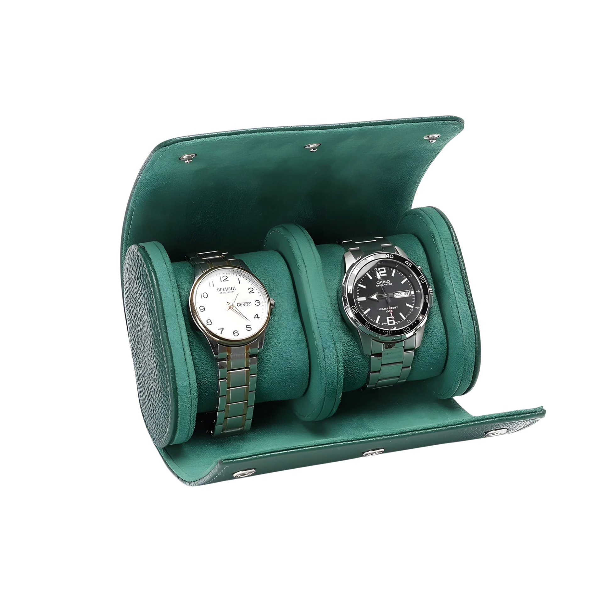 Green watch winder with two watches inside on a white background