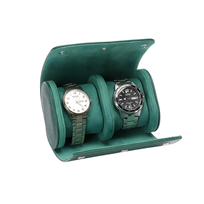 Green watch winder with two watches inside on a white background