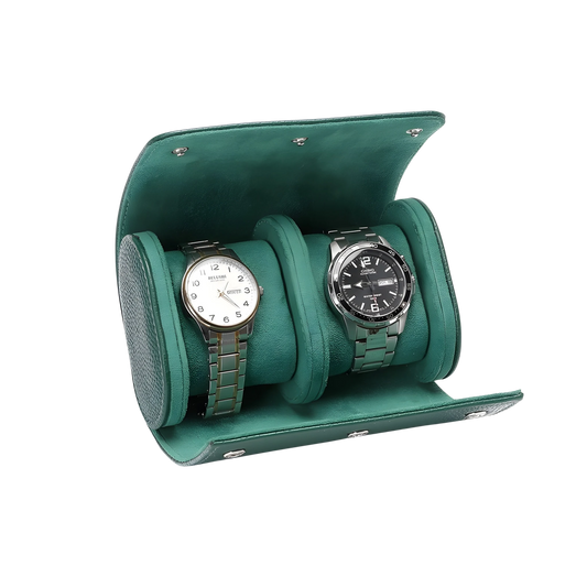 Green watch winder with two watches inside on a white background