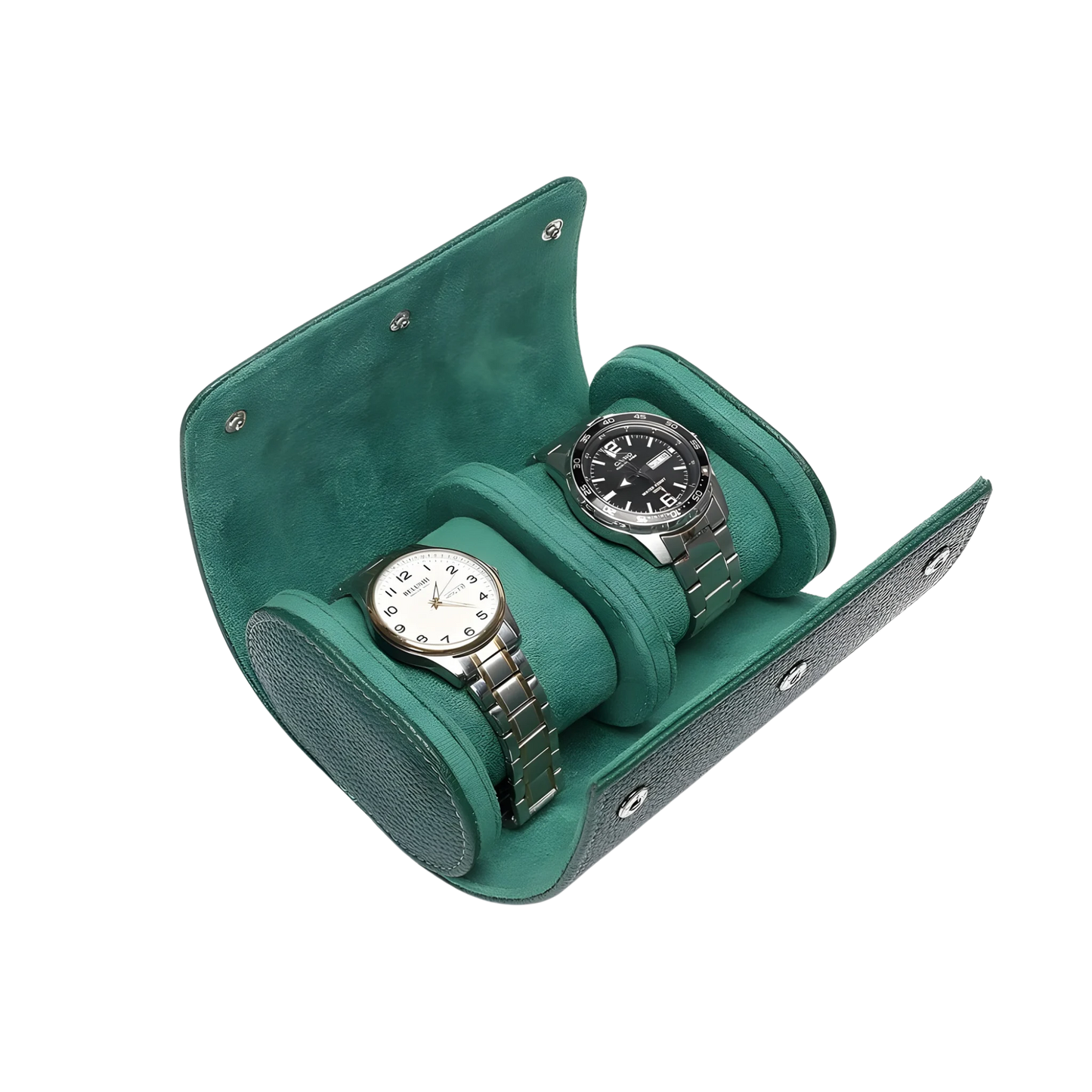 Two watches in a green watch case on a white background