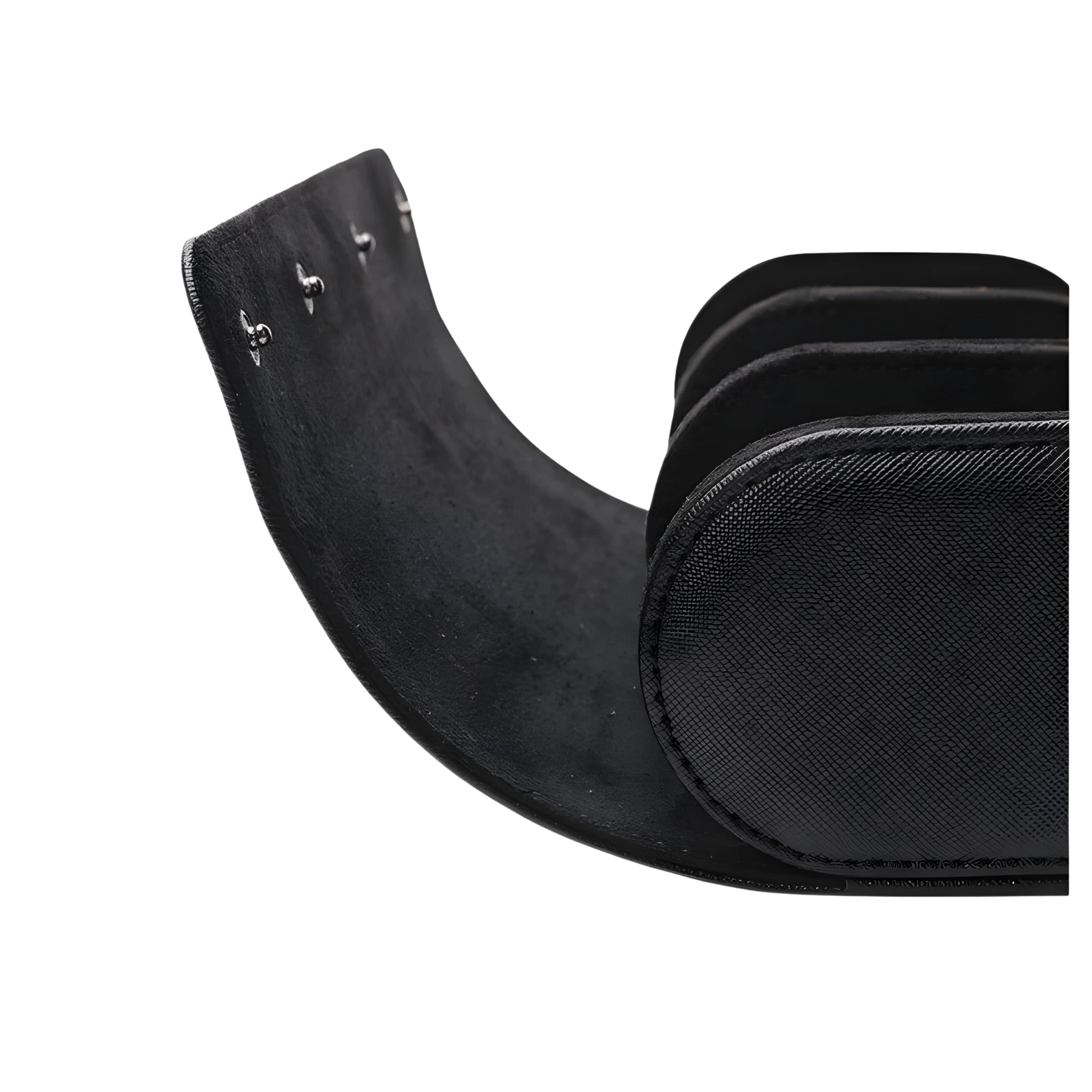 Black guitar case with a curved design on a white background