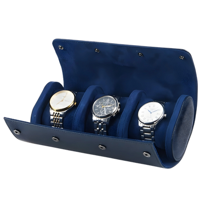 Blue watch holder with three watches on a white background